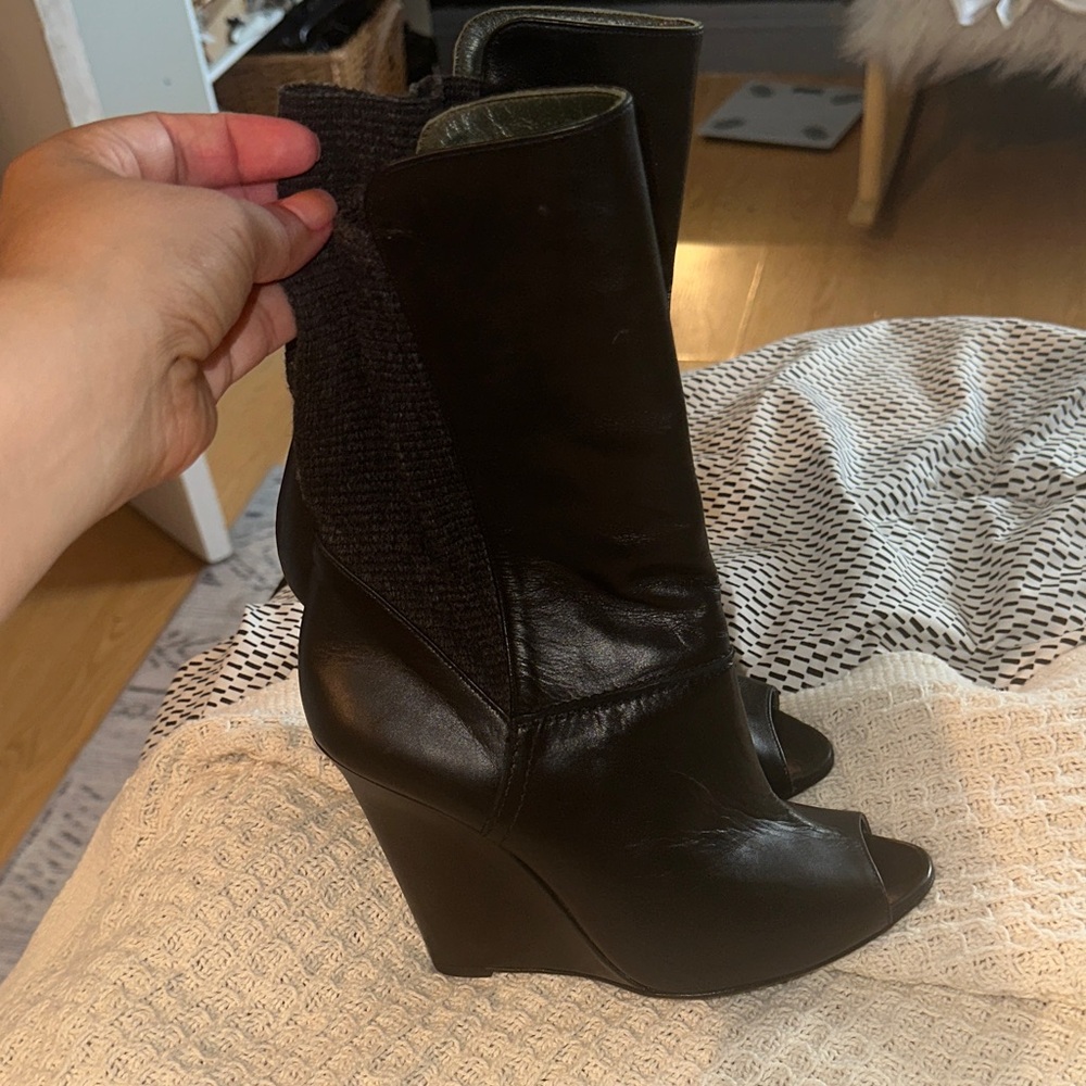 Pollini Black Leather Peep-Toe Wedges